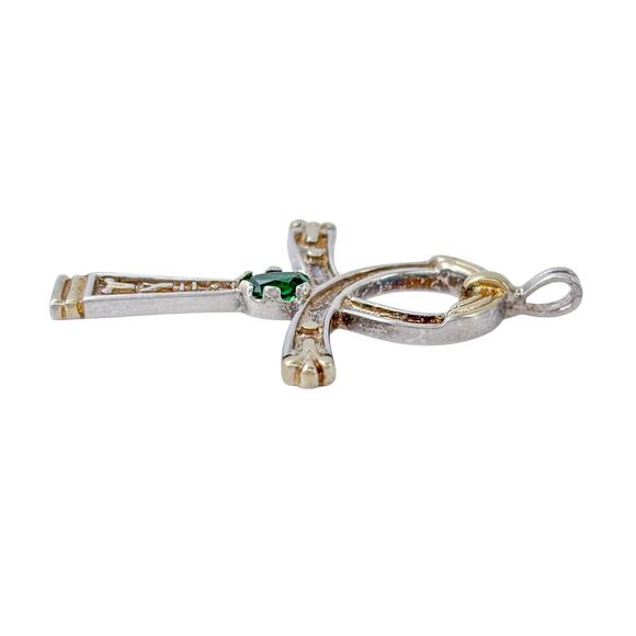 Estate Sterling Silver 925 Green Cubic Zirconia Egyptian Ankh Cross Pendant - Picture 7 of 9